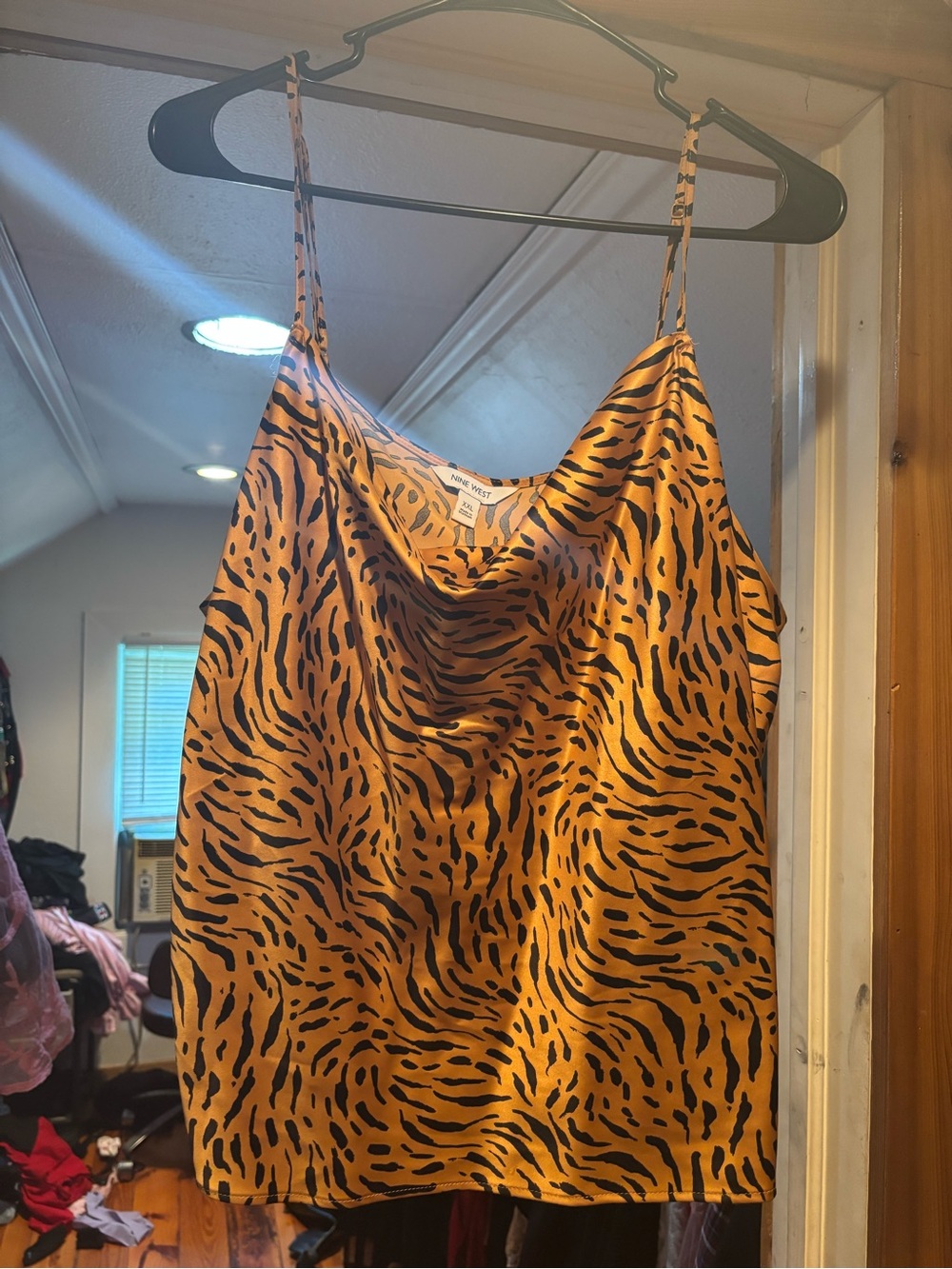 Nine West Orange and Black Animal Print Satin Cowl Neck Tank